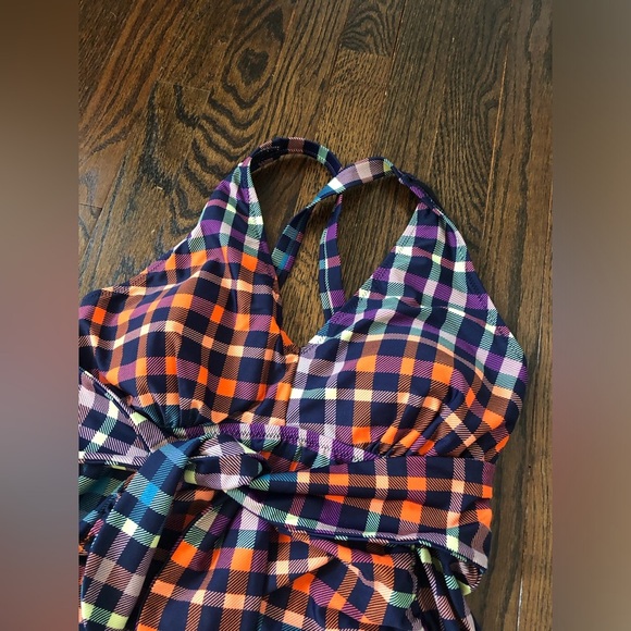 Motherhood Maternity M Checkered Orange/Blue One Piece w/Cross Straps & Bow NWOT - Picture 3 of 12